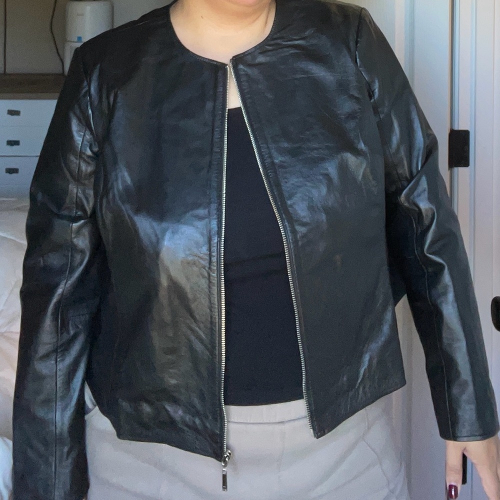 22W Jessica London Black Leather Jacket with middle zipper